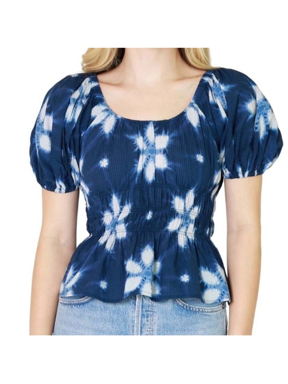 Sea Blue Tie-Dye Puff Sleeve Smocked Peplum Top